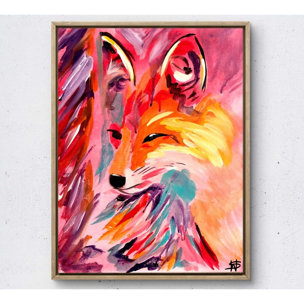 WS original fox hand painted 14X11 canvas acrylic abstract modern wall art